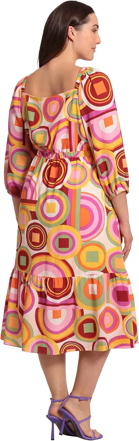 Donna Morgan Women's Square Neck, 3/4 Puff Sleeve Tiered Midi Dress Day Event Party Guest of