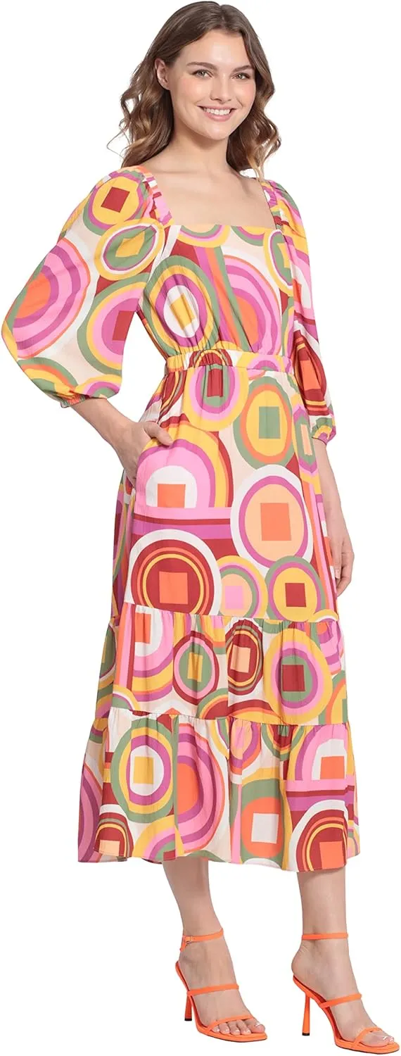 Donna Morgan Women's Square Neck, 3/4 Puff Sleeve Tiered Midi Dress Day Event Party Guest of