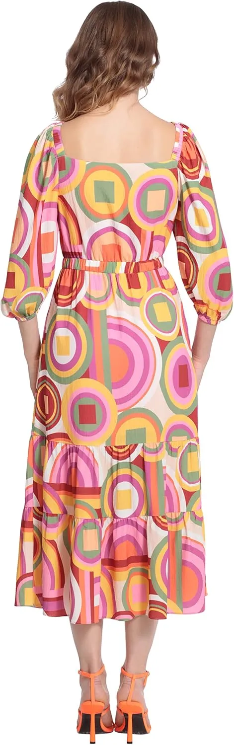 Donna Morgan Women's Square Neck, 3/4 Puff Sleeve Tiered Midi Dress Day Event Party Guest of