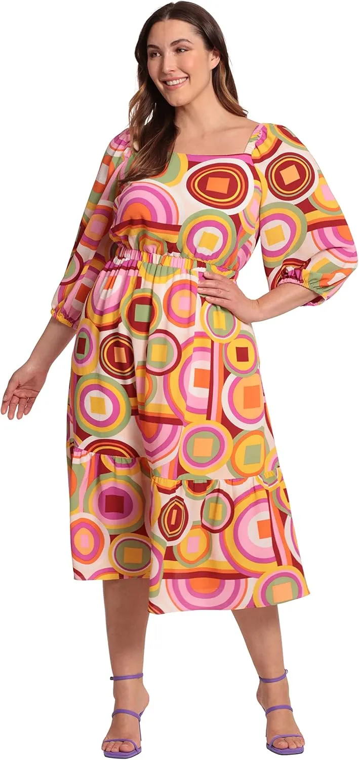 Donna Morgan Women's Square Neck, 3/4 Puff Sleeve Tiered Midi Dress Day Event Party Guest of