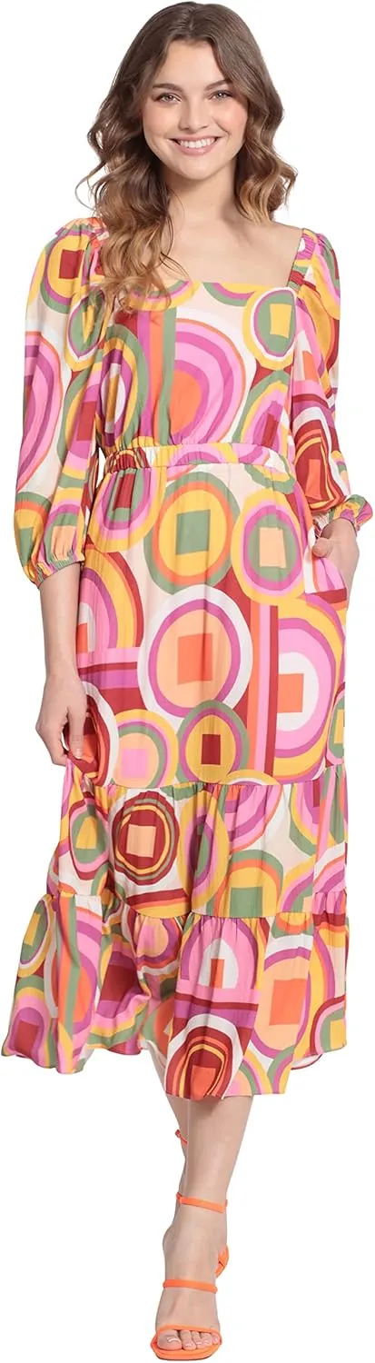 Donna Morgan Women's Square Neck, 3/4 Puff Sleeve Tiered Midi Dress Day Event Party Guest of