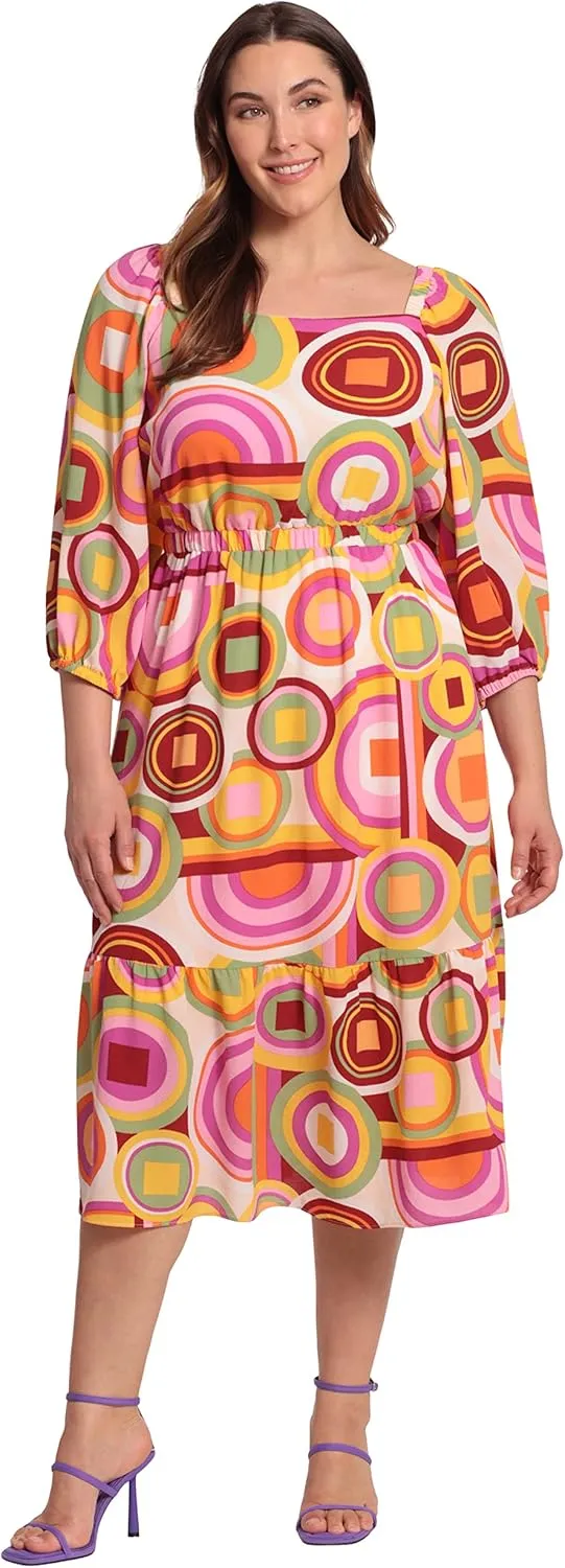 Donna Morgan Women's Square Neck, 3/4 Puff Sleeve Tiered Midi Dress Day Event Party Guest of