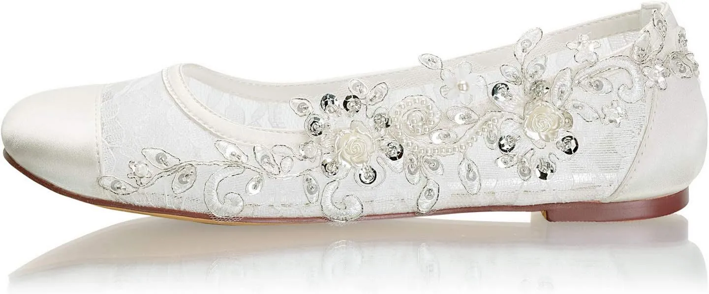 Emily Bridal Wedding Shoes Lace up Round Toe Rhinestone Flat Mother of The Bride Shoes