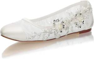 Emily Bridal Wedding Shoes Lace up Round Toe Rhinestone Flat Mother of The Bride Shoes