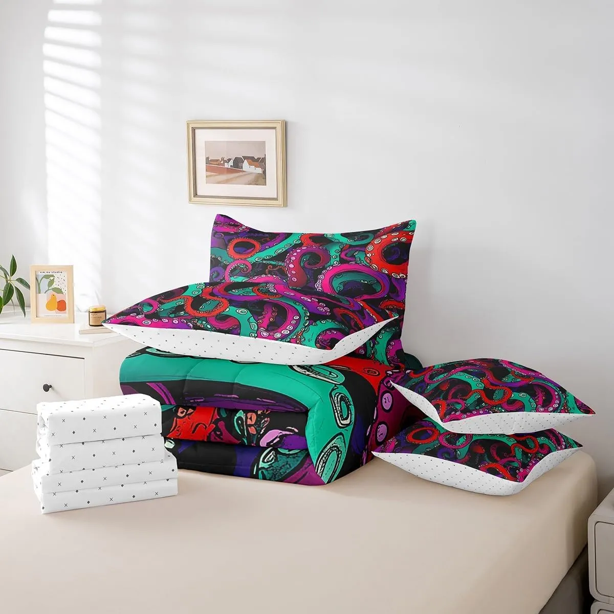 Feelyou Octopus Tentacles Bed in a Bag Ocean Kraken Comforter Set Full Size 7 Pieces Scary Purple Green Design Bedding Set for Kids Sea Marine Animal Bed Set with Comforter Sheets Pillow Cover