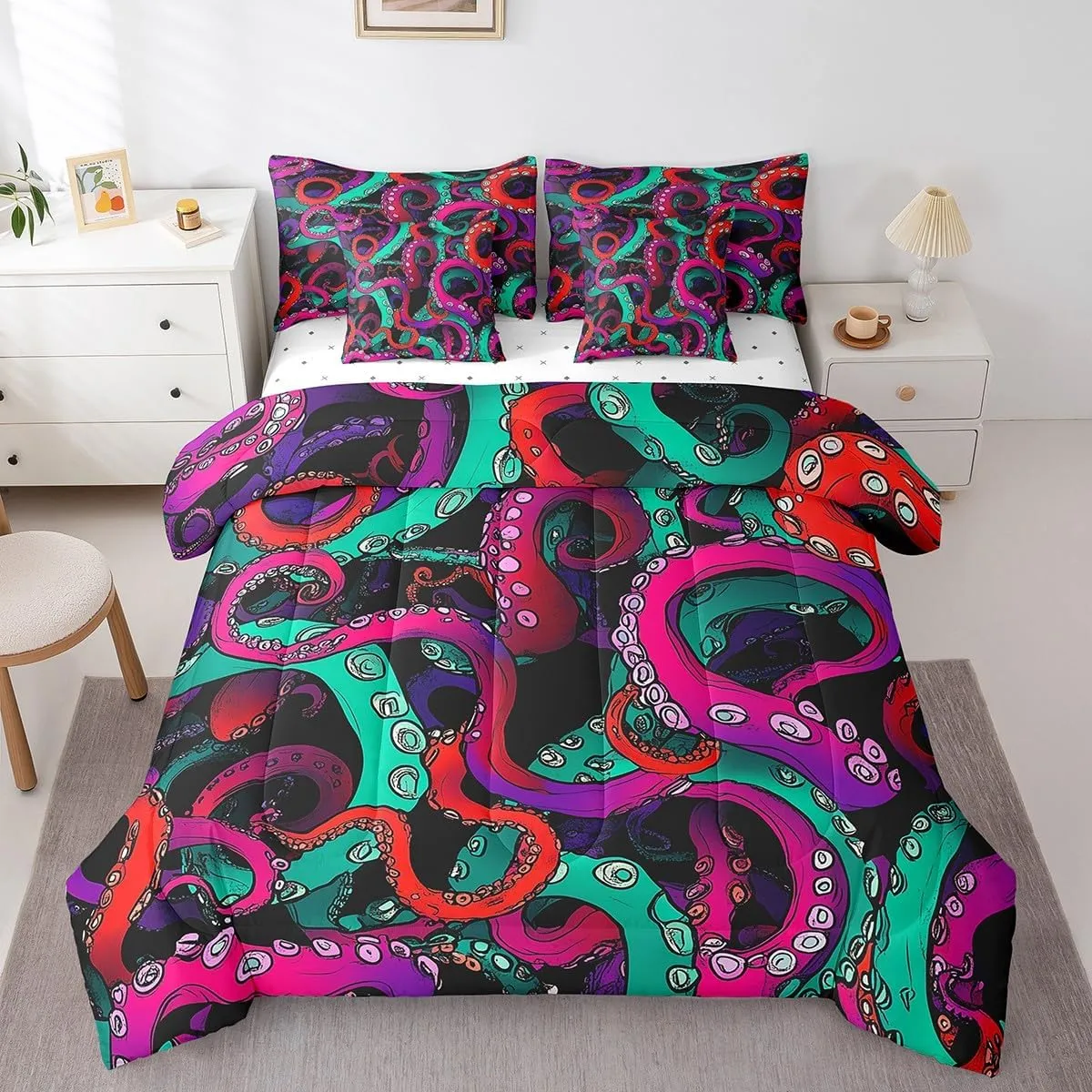 Feelyou Octopus Tentacles Bed in a Bag Ocean Kraken Comforter Set Full Size 7 Pieces Scary Purple Green Design Bedding Set for Kids Sea Marine Animal Bed Set with Comforter Sheets Pillow Cover