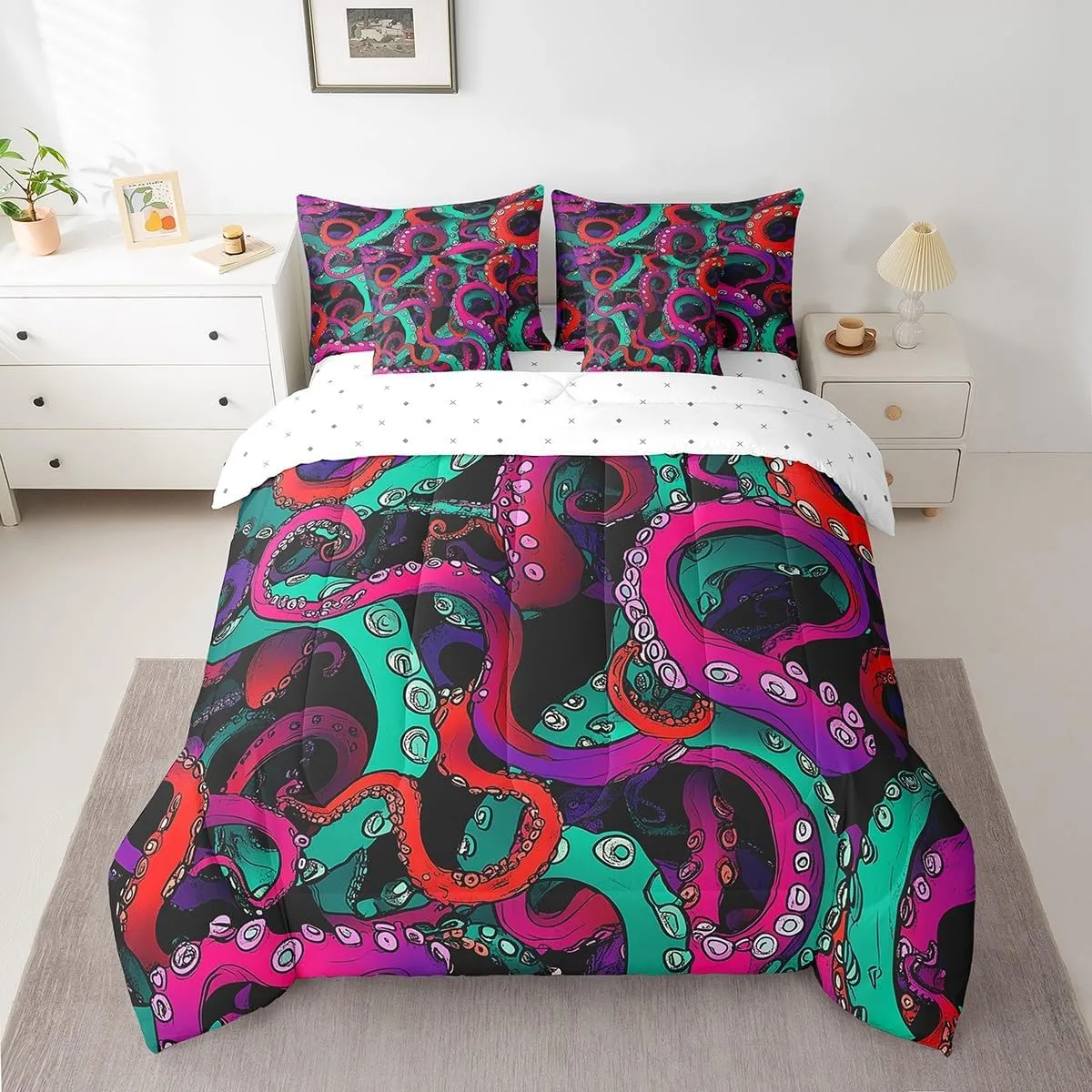 Feelyou Octopus Tentacles Bed in a Bag Ocean Kraken Comforter Set Full Size 7 Pieces Scary Purple Green Design Bedding Set for Kids Sea Marine Animal Bed Set with Comforter Sheets Pillow Cover