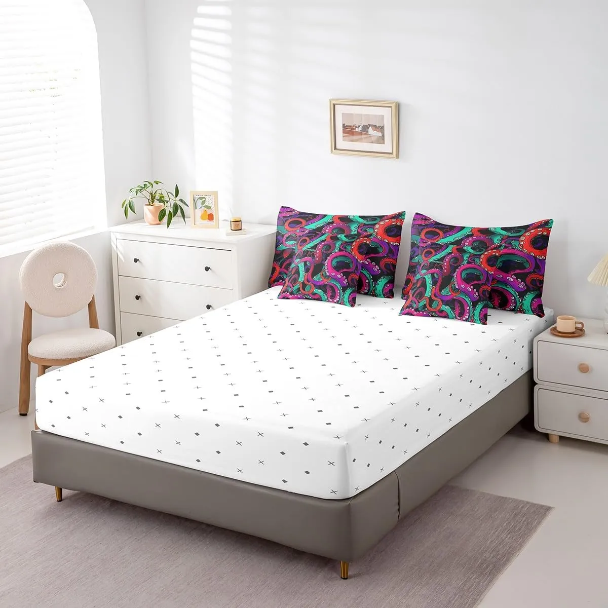 Feelyou Octopus Tentacles Bed in a Bag Ocean Kraken Comforter Set Full Size 7 Pieces Scary Purple Green Design Bedding Set for Kids Sea Marine Animal Bed Set with Comforter Sheets Pillow Cover