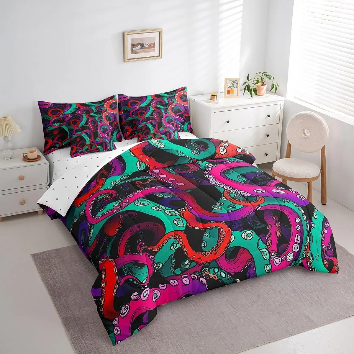 Feelyou Octopus Tentacles Bed in a Bag Ocean Kraken Comforter Set Full Size 7 Pieces Scary Purple Green Design Bedding Set for Kids Sea Marine Animal Bed Set with Comforter Sheets Pillow Cover