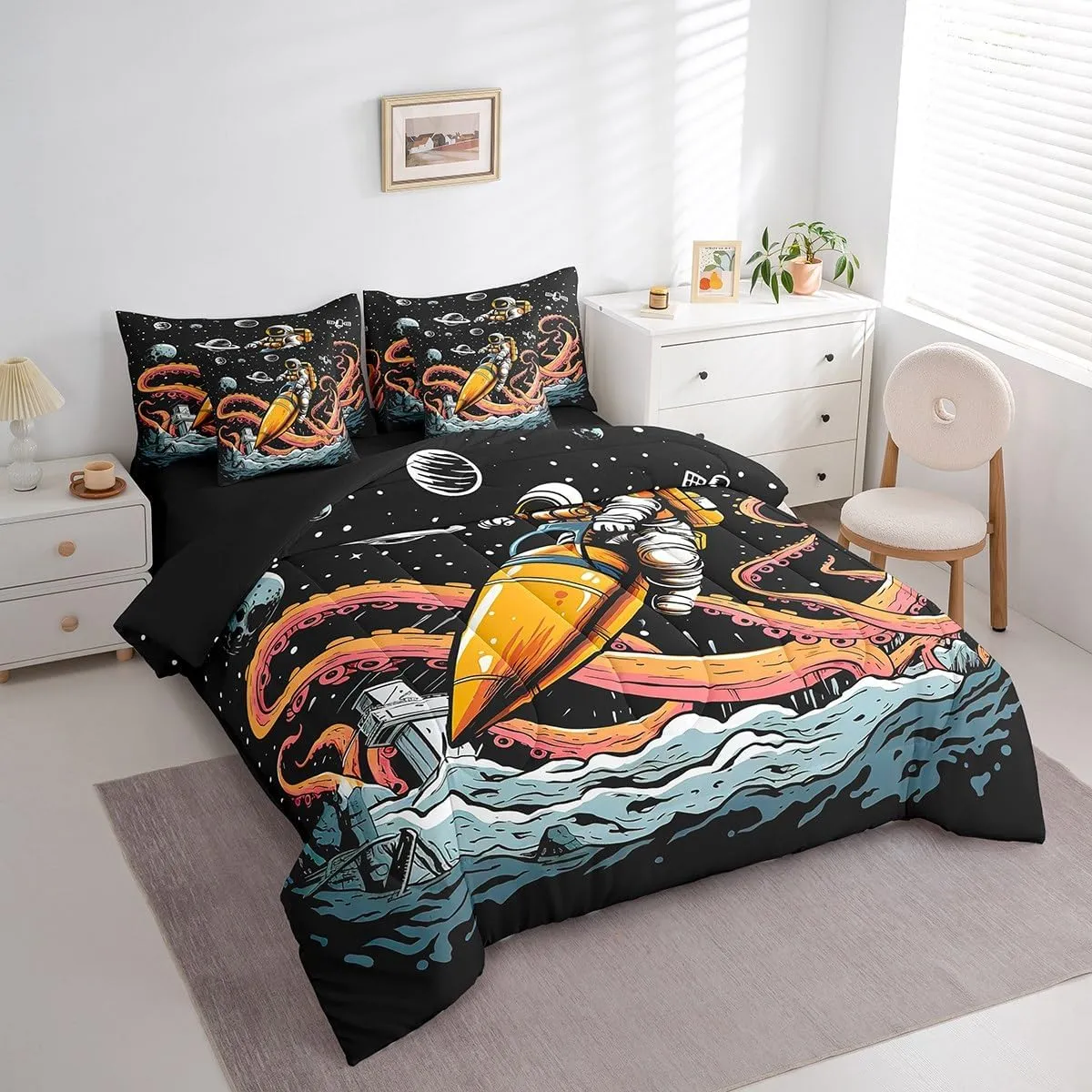 Feelyou Outer Space 7 PCS Comforter Set with Sheets Octopus Tentacles Planet 7 Pieces Bed in a Bag Set for Kids Boys Girls Galaxy Bed in a Bag Astronaut Comforter Set with Sheets