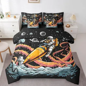 Feelyou Outer Space 7 PCS Comforter Set with Sheets Octopus Tentacles Planet 7 Pieces Bed in a Bag Set for Kids Boys Girls Galaxy Bed in a Bag Astronaut Comforter Set with Sheets