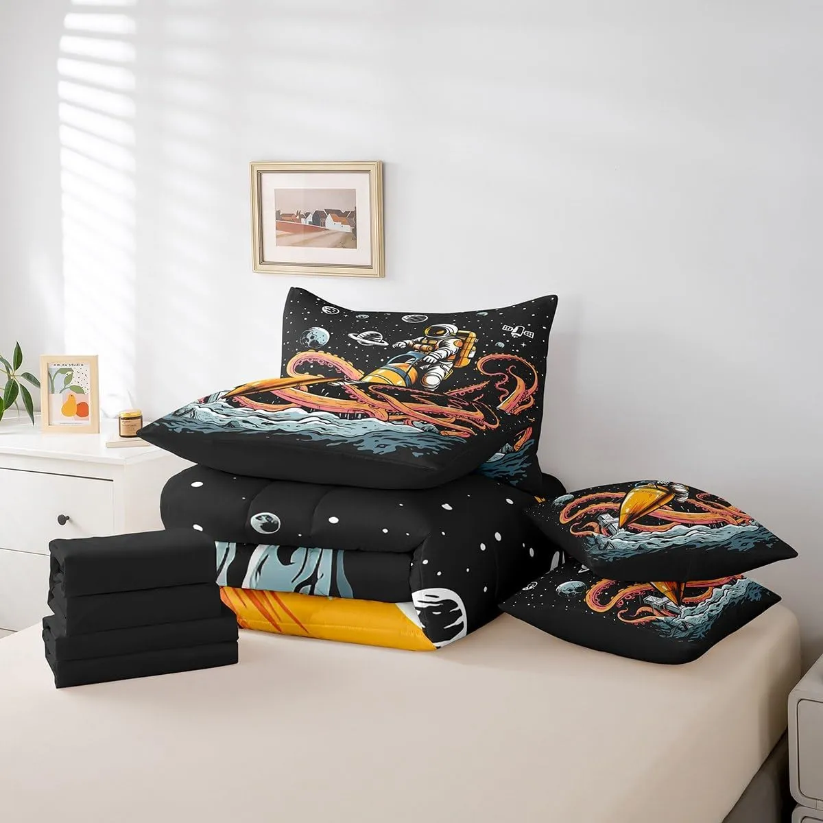 Feelyou Outer Space 7 PCS Comforter Set with Sheets Octopus Tentacles Planet 7 Pieces Bed in a Bag Set for Kids Boys Girls Galaxy Bed in a Bag Astronaut Comforter Set with Sheets