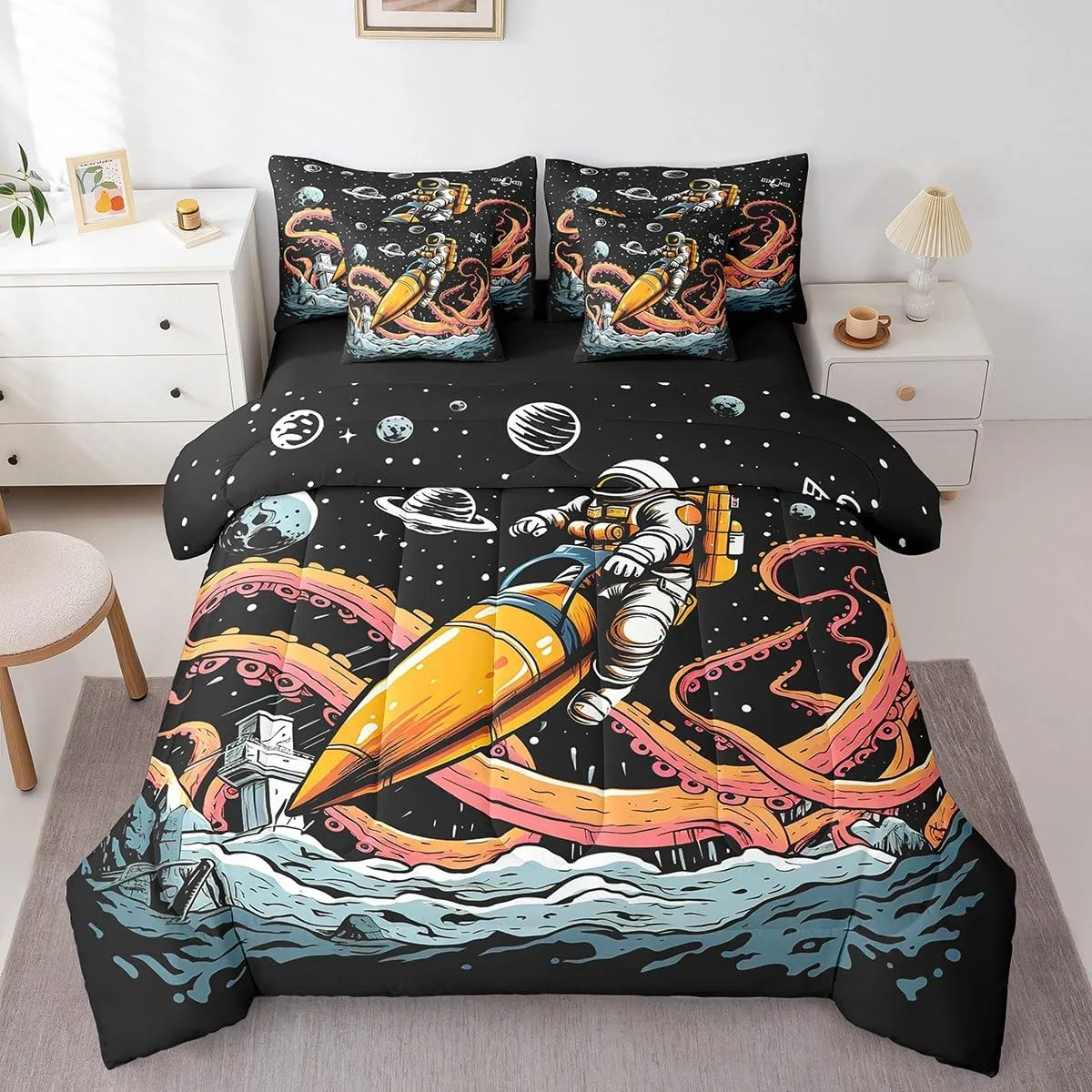 Feelyou Outer Space 7 PCS Comforter Set with Sheets Octopus Tentacles Planet 7 Pieces Bed in a Bag Set for Kids Boys Girls Galaxy Bed in a Bag Astronaut Comforter Set with Sheets