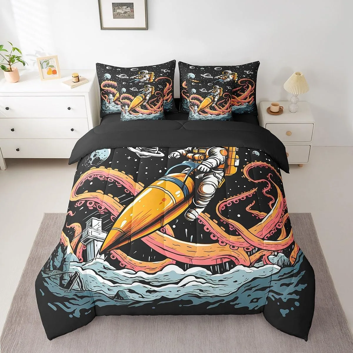 Feelyou Outer Space 7 PCS Comforter Set with Sheets Octopus Tentacles Planet 7 Pieces Bed in a Bag Set for Kids Boys Girls Galaxy Bed in a Bag Astronaut Comforter Set with Sheets