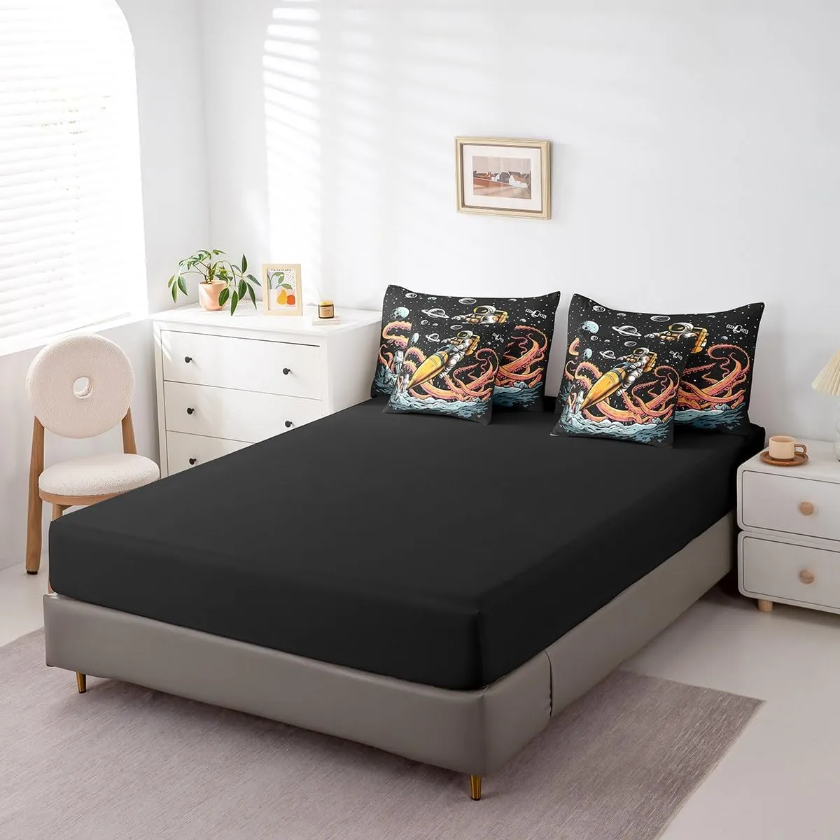 Feelyou Outer Space 7 PCS Comforter Set with Sheets Octopus Tentacles Planet 7 Pieces Bed in a Bag Set for Kids Boys Girls Galaxy Bed in a Bag Astronaut Comforter Set with Sheets