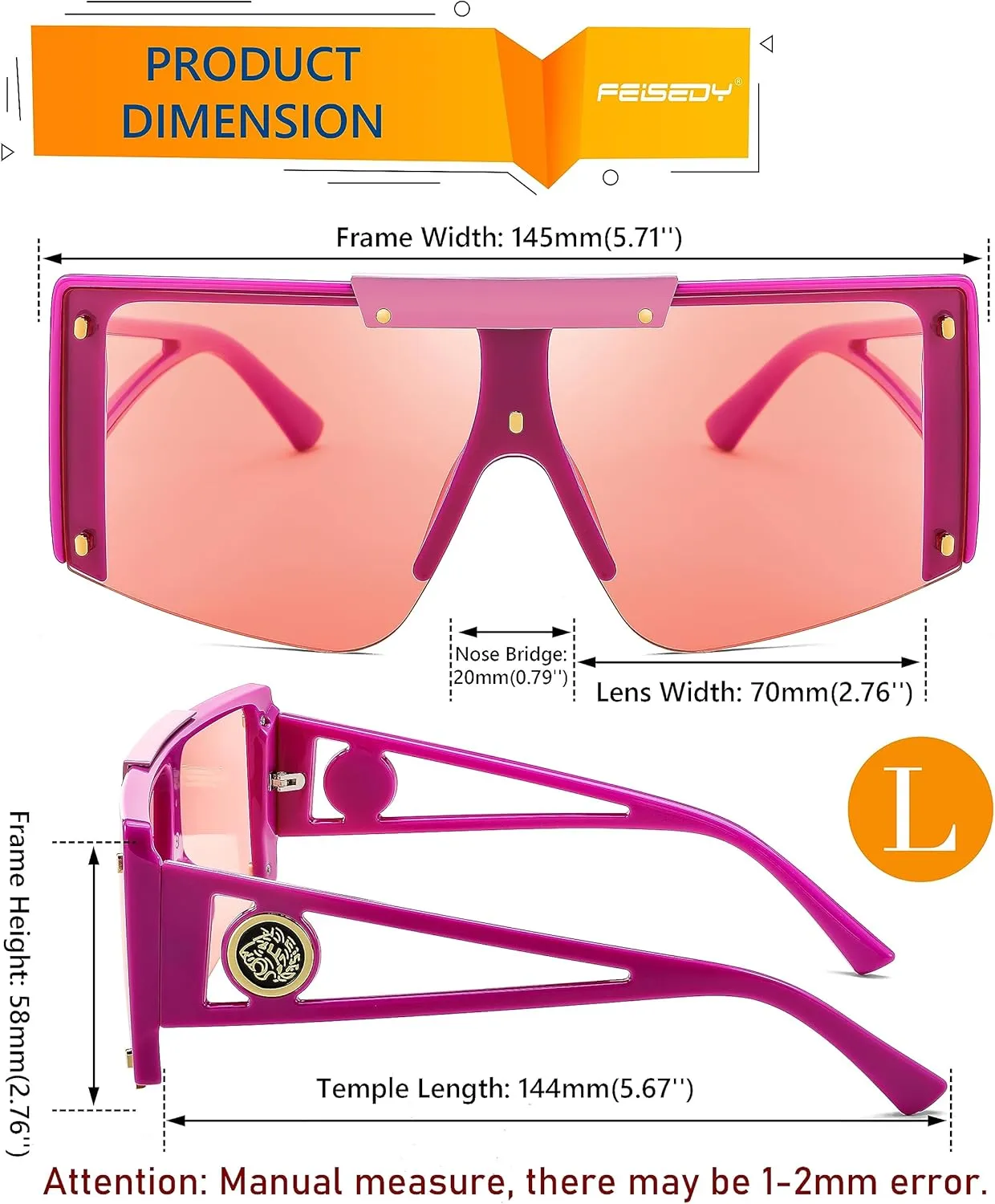FEISEDY Women Sunglasses, Oversized Square Flat Top Shield Shades for Men B4060