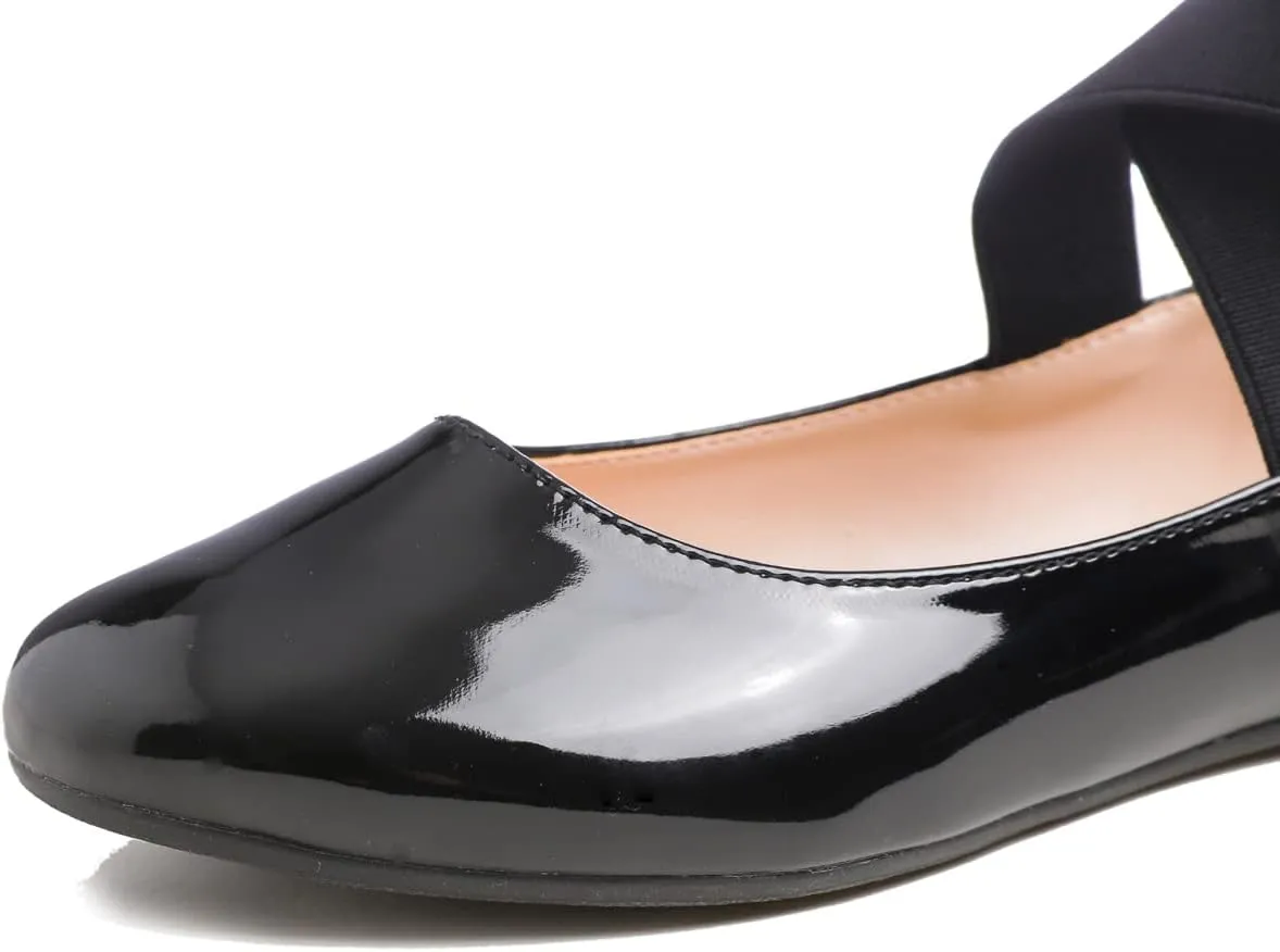 FEVERSOLE Women's Fashion Elastic Ankle Strap Shoes Round Toe Ballet Flat