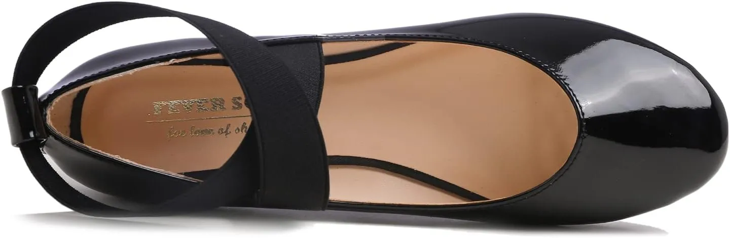 FEVERSOLE Women's Fashion Elastic Ankle Strap Shoes Round Toe Ballet Flat