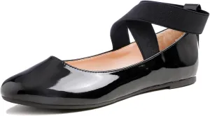 FEVERSOLE Women's Fashion Elastic Ankle Strap Shoes Round Toe Ballet Flat