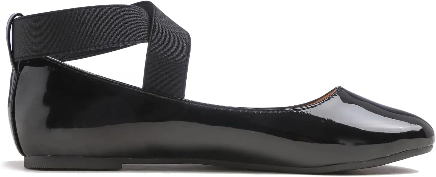 FEVERSOLE Women's Fashion Elastic Ankle Strap Shoes Round Toe Ballet Flat