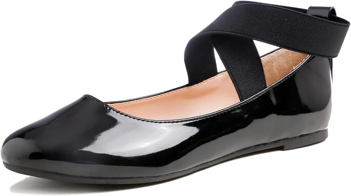 FEVERSOLE Women's Fashion Elastic Ankle Strap Shoes Round Toe Ballet Flat