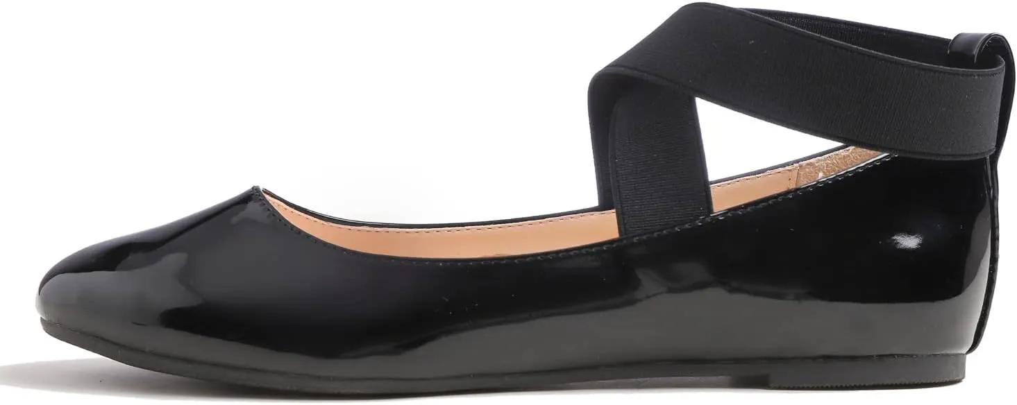 FEVERSOLE Women's Fashion Elastic Ankle Strap Shoes Round Toe Ballet Flat