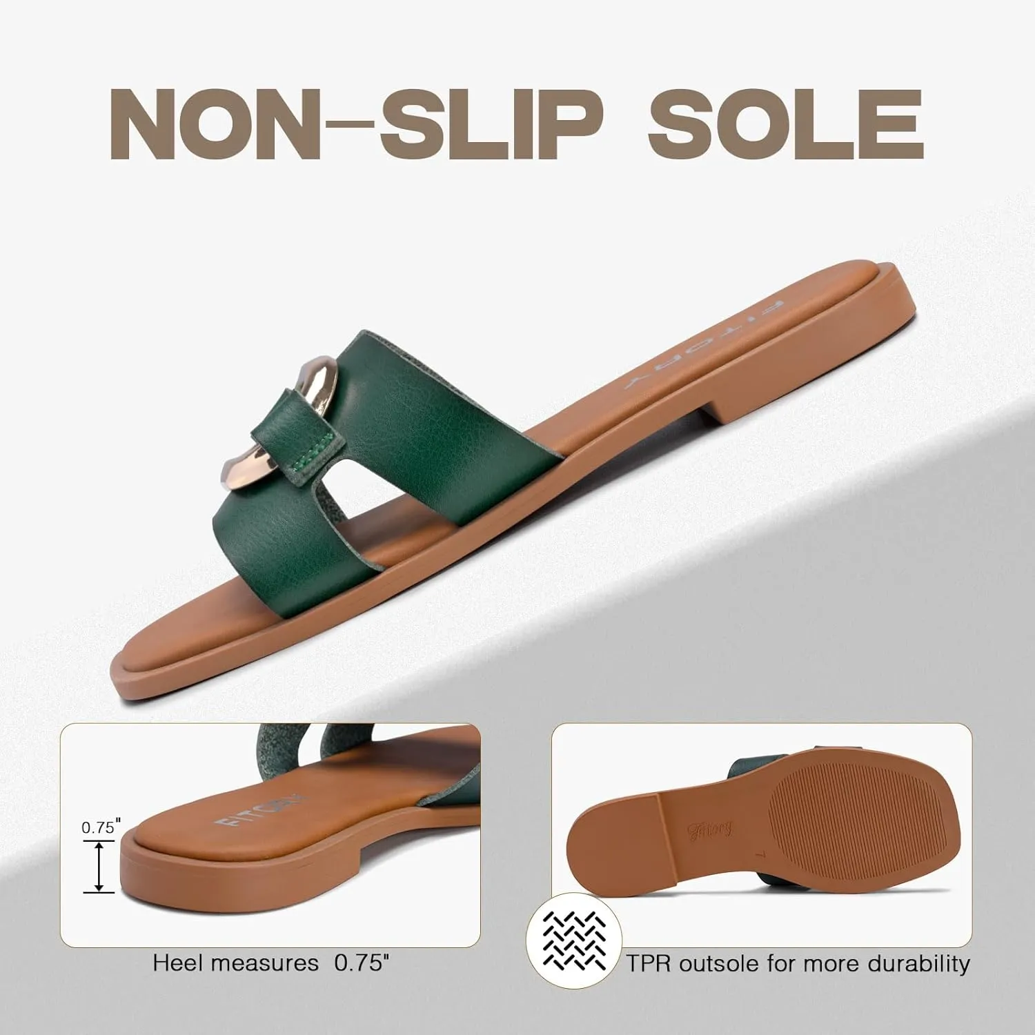 FITORY Women's Flat Sandals Fashion Square Open Toe Slides With Metal Chain Slippers for Summer Size 6-11