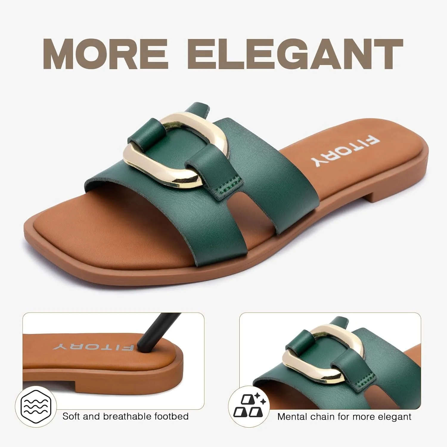 FITORY Women's Flat Sandals Fashion Square Open Toe Slides With Metal Chain Slippers for Summer Size 6-11