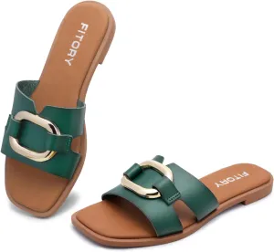 FITORY Women's Flat Sandals Fashion Square Open Toe Slides With Metal Chain Slippers for Summer Size 6-11