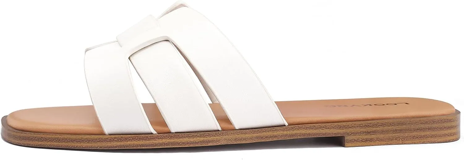 Flat Sandals for Women 2025 Dressy Summer Leather Slides with Square Open Toe