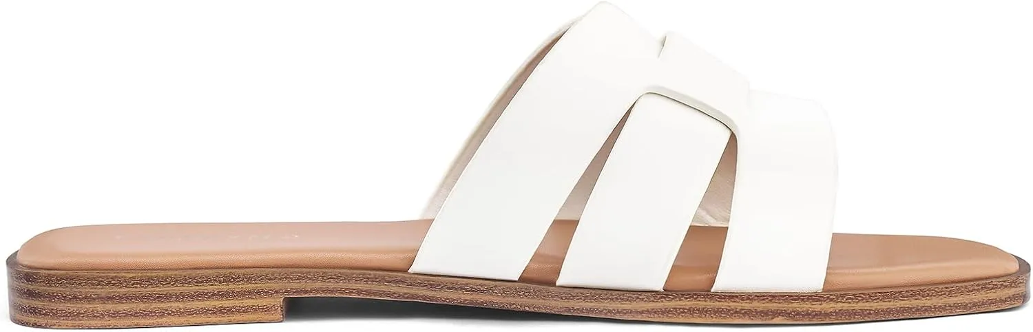 Flat Sandals for Women 2025 Dressy Summer Leather Slides with Square Open Toe