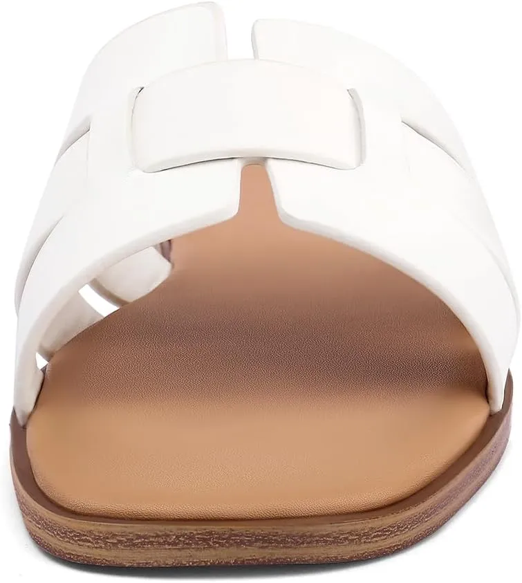 Flat Sandals for Women 2025 Dressy Summer Leather Slides with Square Open Toe