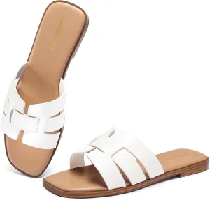 Flat Sandals for Women 2025 Dressy Summer Leather Slides with Square Open Toe