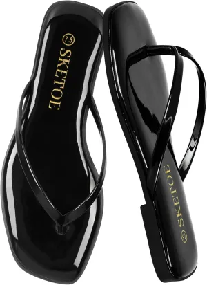 Flip Flops for Women Square Toe Flat Sandals for Women Comfortable Thong Sandals Vegan Leather Flip Flops Lightweight Summer Beach Sandals Dressy Vacation Essentials Slides