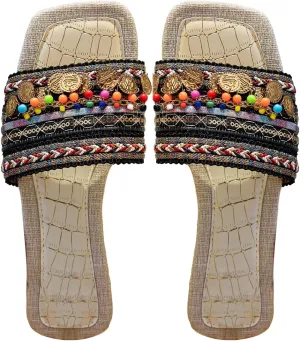Floerns Women's Bohemian Flat Sandal Square Open Toe Colorful Beaded Beach Shoes