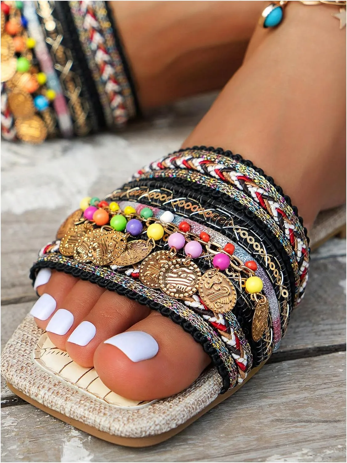 Floerns Women's Bohemian Flat Sandal Square Open Toe Colorful Beaded Beach Shoes