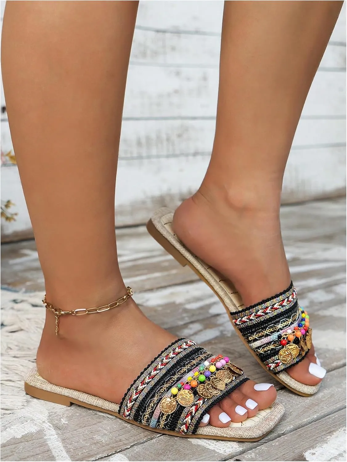 Floerns Women's Bohemian Flat Sandal Square Open Toe Colorful Beaded Beach Shoes