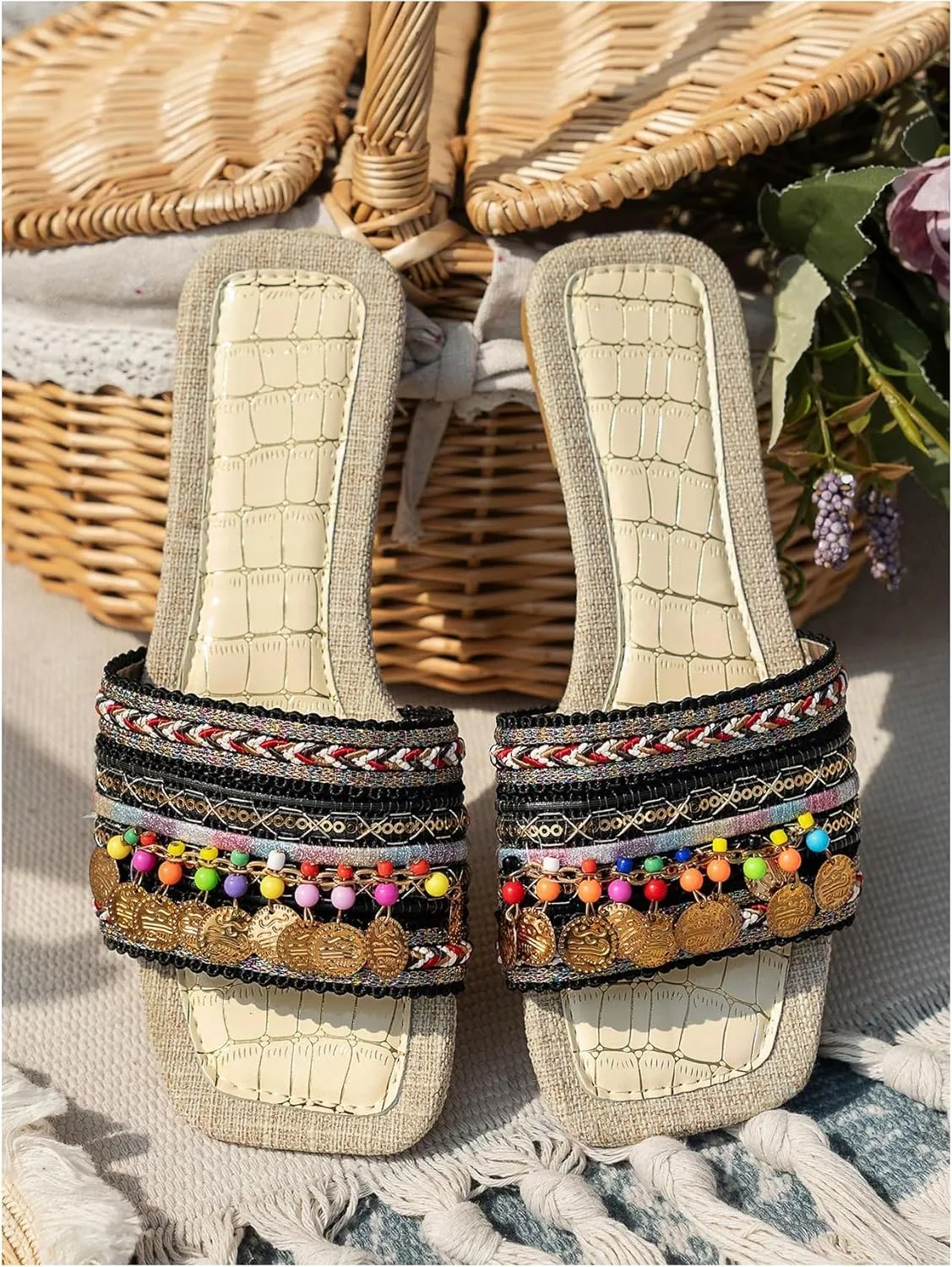 Floerns Women's Bohemian Flat Sandal Square Open Toe Colorful Beaded Beach Shoes