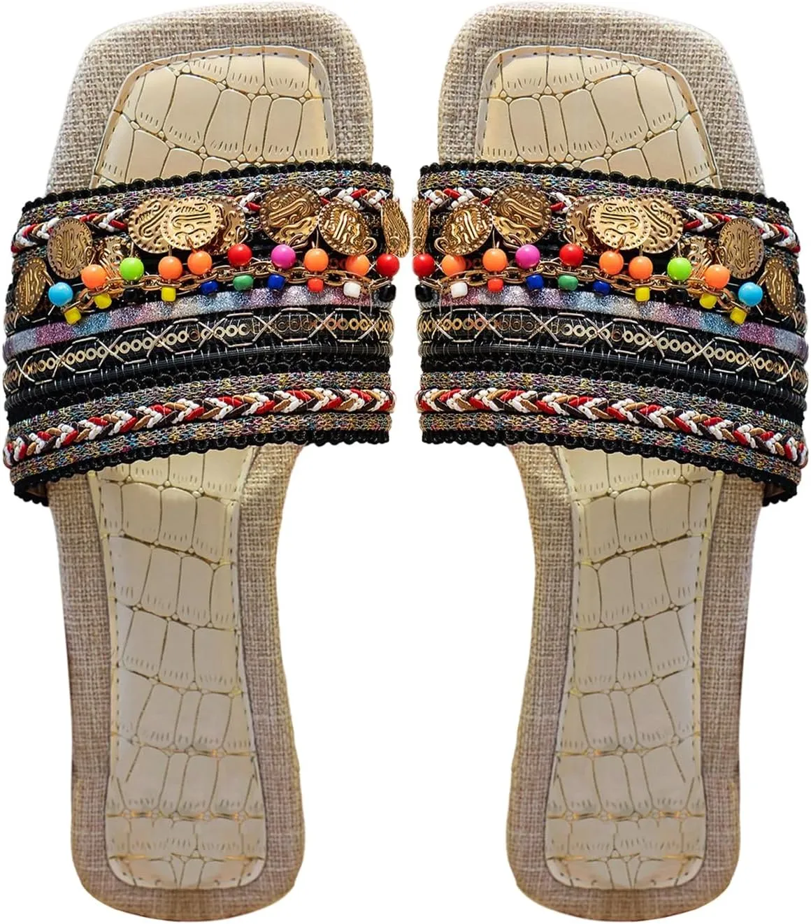 Floerns Women's Bohemian Flat Sandal Square Open Toe Colorful Beaded Beach Shoes
