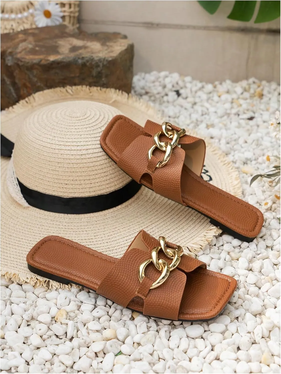 Floerns Women's Square Open Toe Dressy Summer Slide Sandals PU Leather Flat Sandals