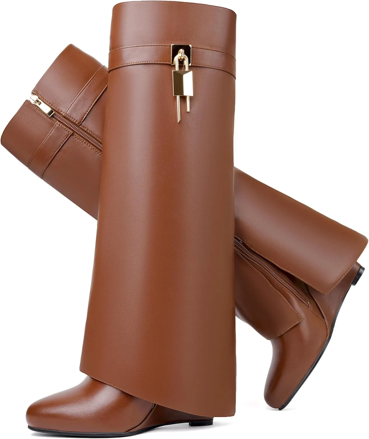Fold Over Boots for Women Pointy Pull-on Wedge Heel Knee Shark Boot With Side Zipper Padlock Design