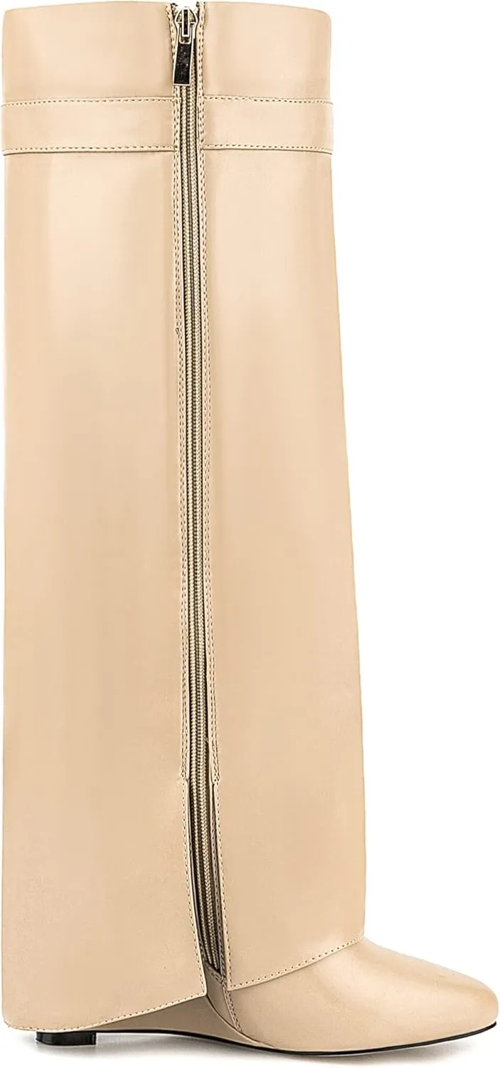 Fold Over Boots for Women Pointy Pull-on Wedge Heel Knee Shark Boot With Side Zipper Padlock Design