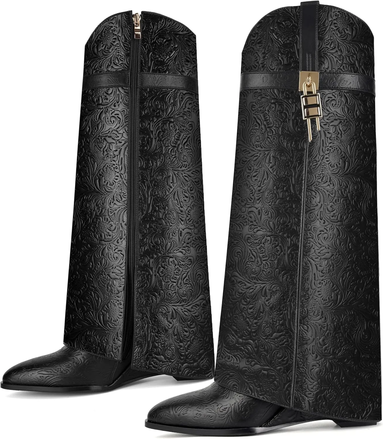 Fold Over Knee High Boots for Women Pointy Pull-on Wide-calf Wedge Heel Boot With Side Zipper Padlock Design