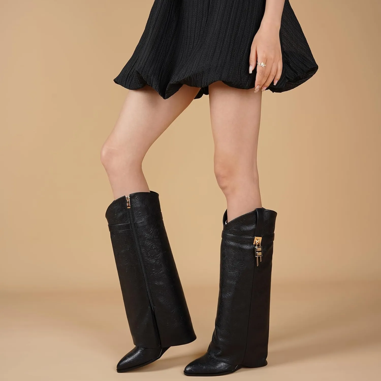 Fold Over Knee High Boots for Women Pointy Pull-on Wide-calf Wedge Heel Boot With Side Zipper Padlock Design