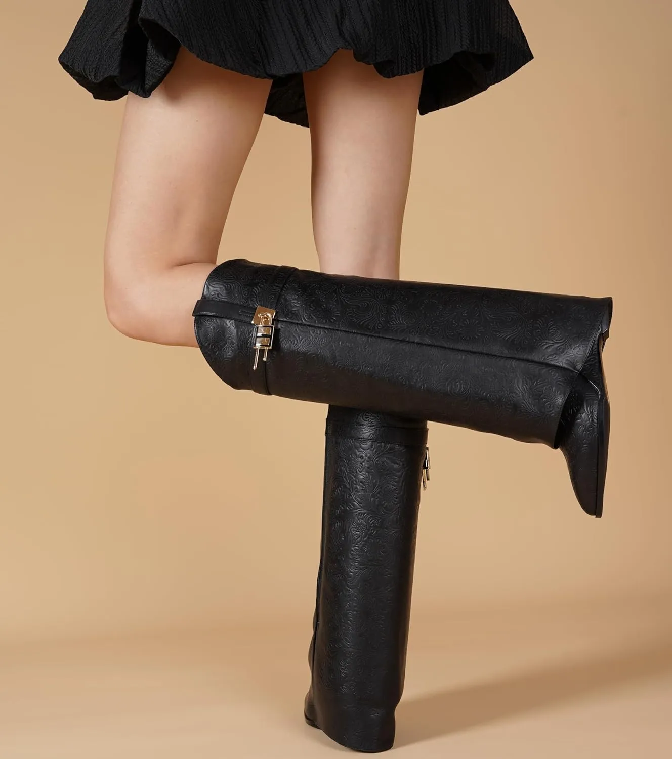 Fold Over Knee High Boots for Women Pointy Pull-on Wide-calf Wedge Heel Boot With Side Zipper Padlock Design