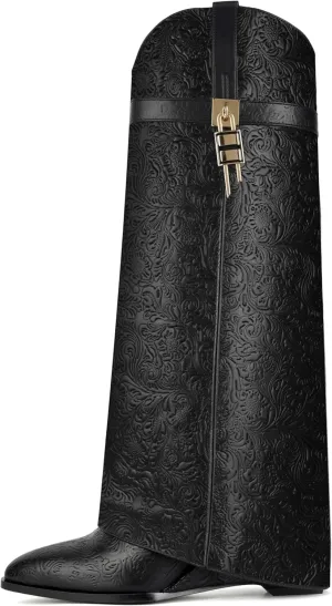 Fold Over Knee High Boots for Women Pointy Pull-on Wide-calf Wedge Heel Boot With Side Zipper Padlock Design