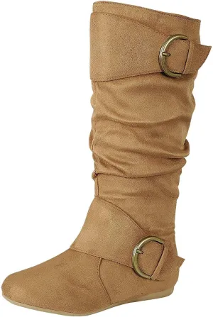 Forever Link Women's Klein-70 Closed Round Toe Buckle Slouch Flat Heel Mid-Calf Boot