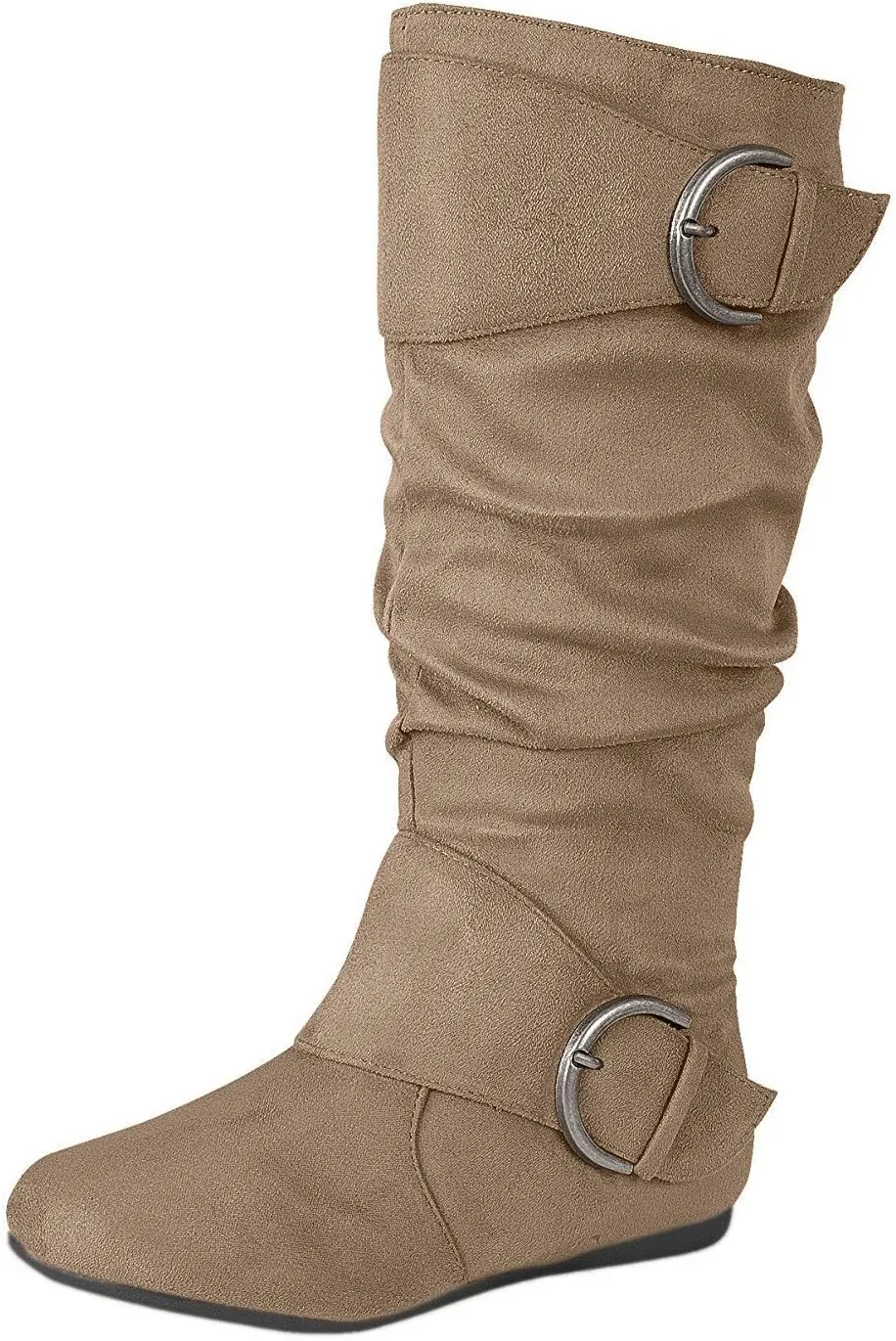 Forever Link Women's Klein-70 Closed Round Toe Buckle Slouch Flat Heel Mid-Calf Boot