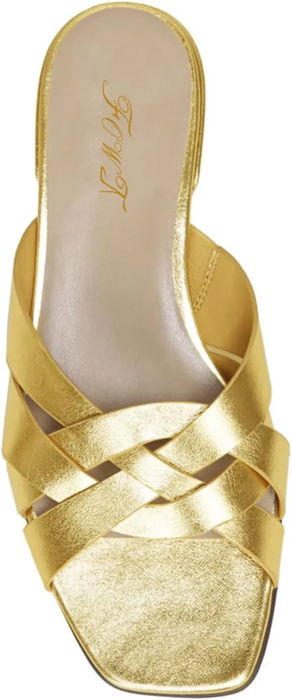 FOWT Women’s Braided Slide Sandals Cross Strappy Flats Backless Square Open Toe Slippers Low Heels Slip On Golden Shoe Synthetic Leather Hollow Design for Driving Working Leisure Time Size 4-16 US