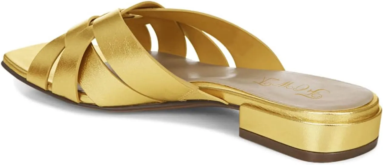 FOWT Women’s Braided Slide Sandals Cross Strappy Flats Backless Square Open Toe Slippers Low Heels Slip On Golden Shoe Synthetic Leather Hollow Design for Driving Working Leisure Time Size 4-16 US